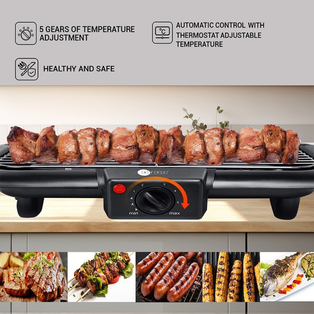 AFRA Electric BBQ Grill 2000W Indoor/Outdoor, Thermostat, Smoke-Free AF-2000BGBK