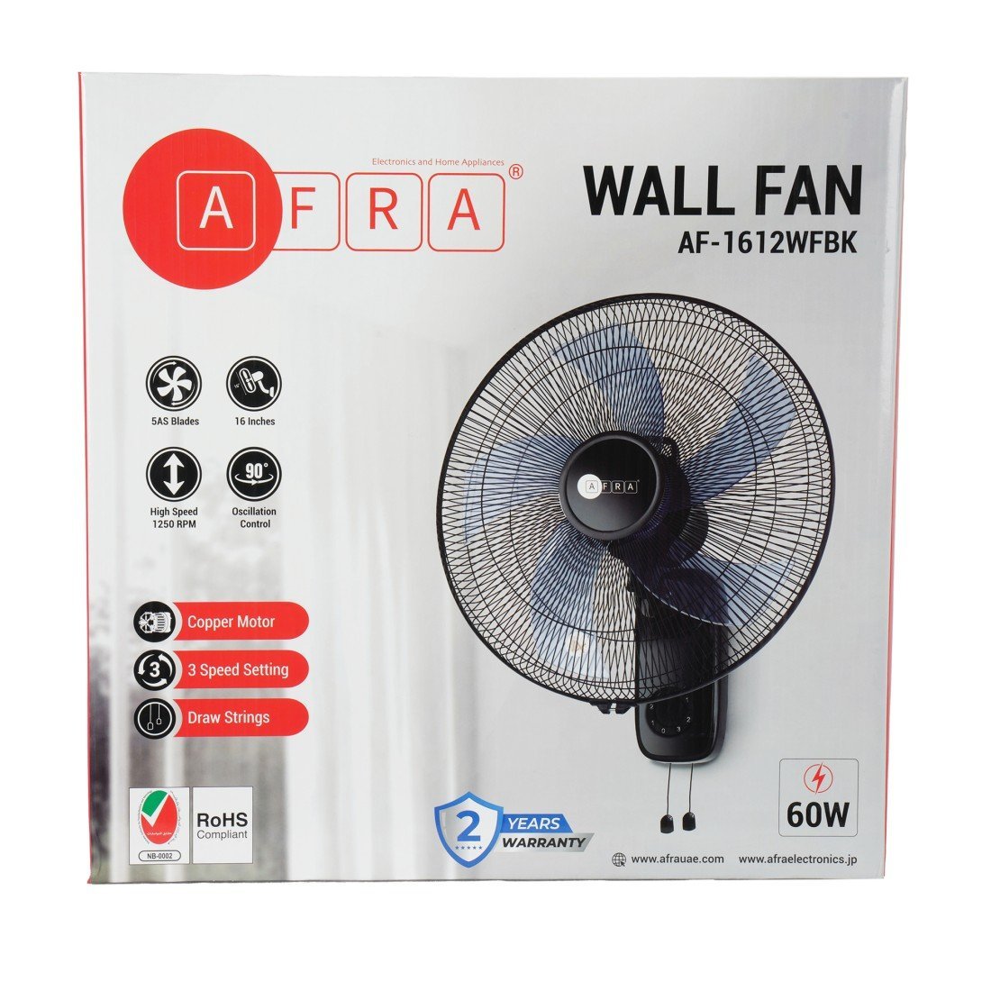 AFRA 16-Inch Wall Mount Fan, 60W, 1250 RPM, 3-Speed Settings, 90 Oscillation AF-1612WFBK, 2Y Warranty