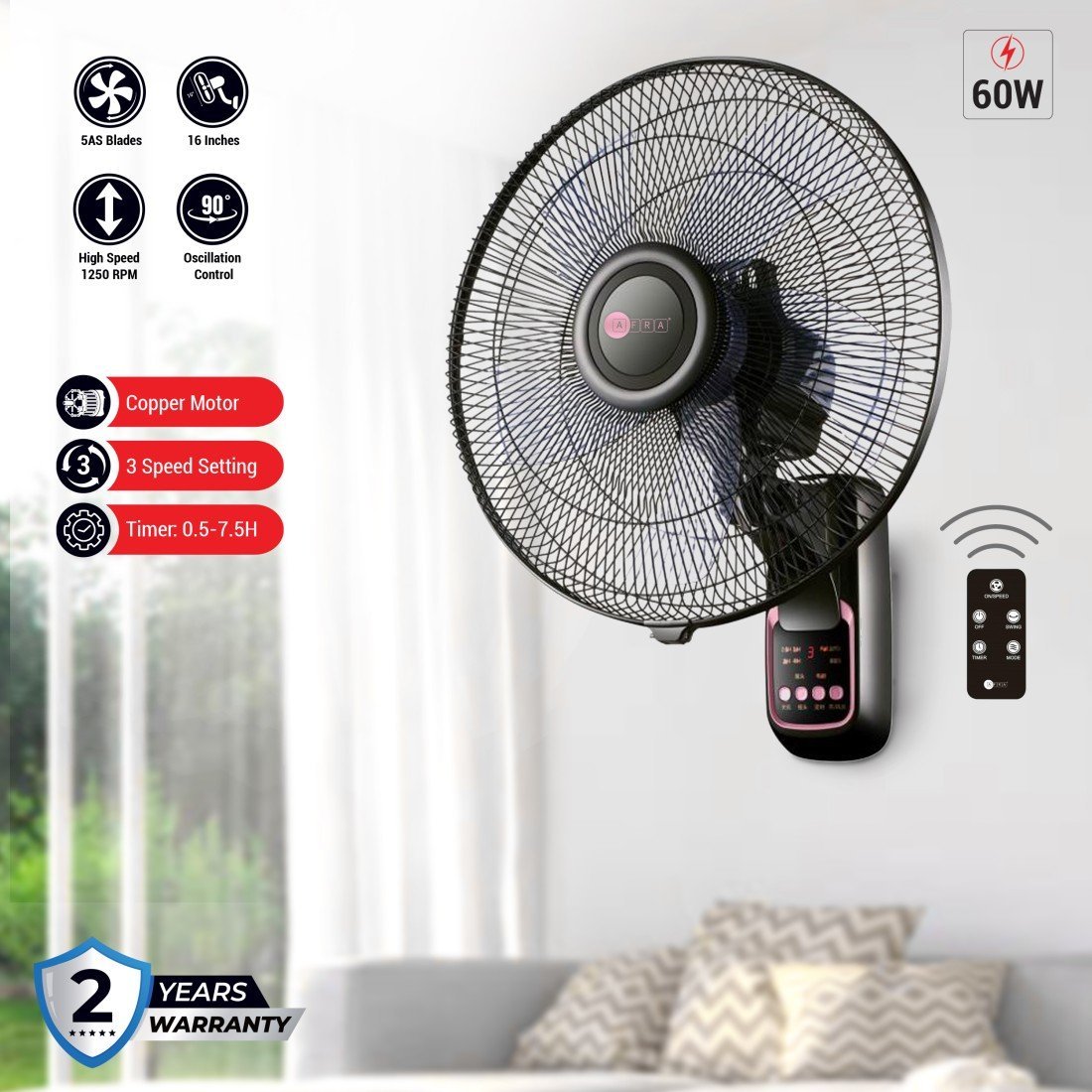 AFRA 16-Inch Wall Mount Fan, 60W, 1250 RPM, 3-Speed Remote, 90 Oscillation AF-1612WFBG, 2Y Warranty