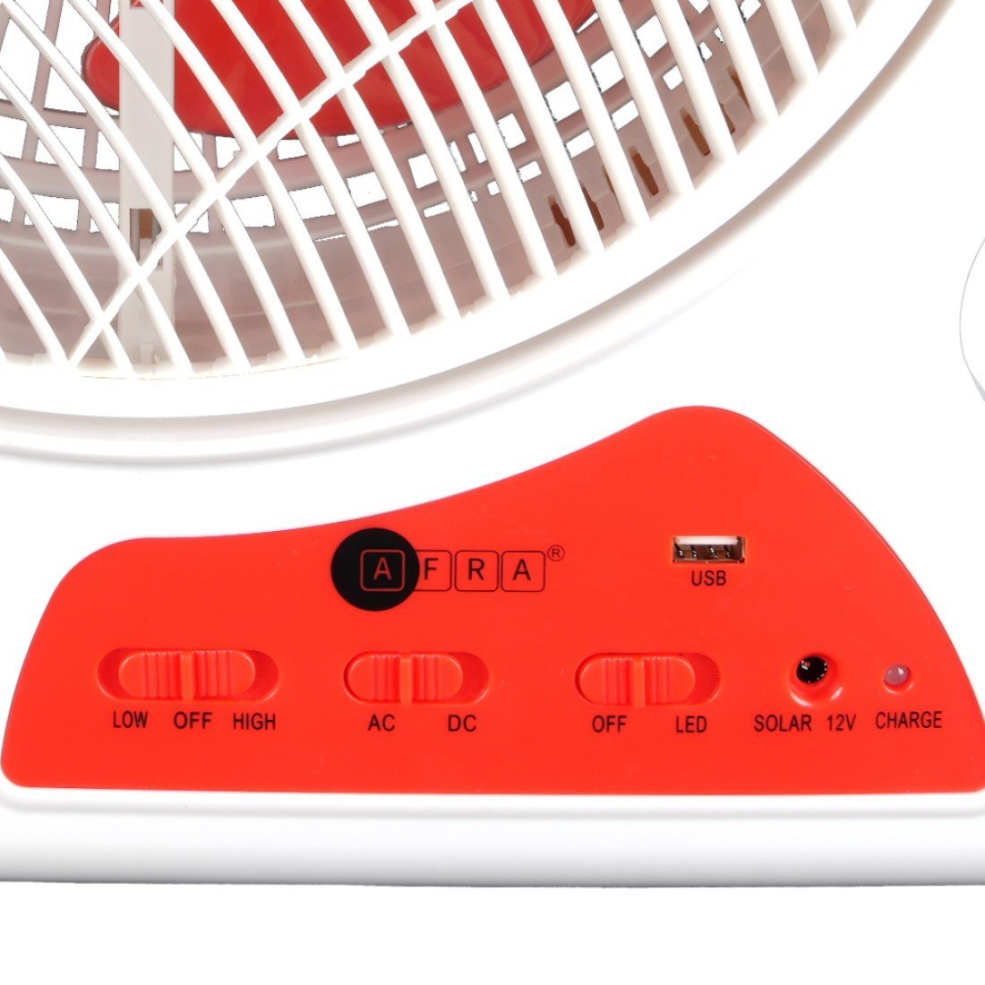 AFRA 12 Rechargeable USB AC/DC Fan AF-2301RECF White/Red, 4500mAh Battery, Portable & Multi-Power Use
