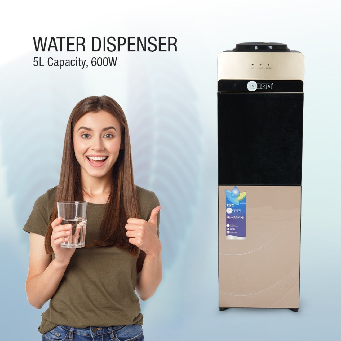 AFRA Top Loading Water Dispenser AF-9820WDGD 550W Hot & 90W Cold, Bottom Cabinet, 2L/h Cooling
